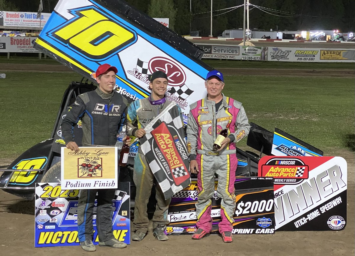 The Ashley Lynn Winery Podium Finish from Utica Rome Saturday night.  From left to right, Danny Varin, winner Paulie Colagiovanni and Shawn Donath.