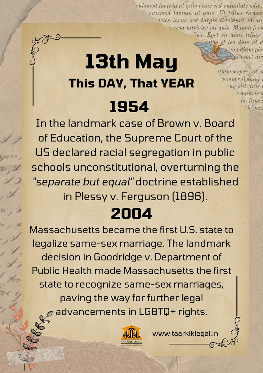 TaarkikLegal's tweet photo. #ThisDAYThatYEAR
|| 13th May ||

Do you know about any important legal event that happened on 13th #May? Let us know in the #comments section.

Let us #trace the #developments in the #legal #history around the globe.

#TaarkikLegal #Law #US #LGBTQ #SameSexMarriage #Equality https://t.co/gz6XiRUsQn
