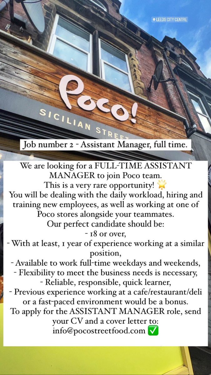 Join our Team!

To apply, send your CV to info@pocostreetfood.com 👌🏼

#Leeds #Headingley #Burley #LeedsCityCentre #Leedsjobs