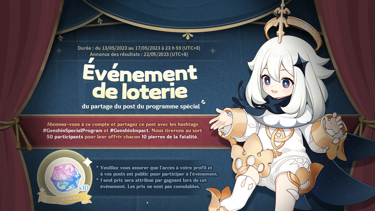 Chers voyageurs, le programme spécial de la 3.7 débute dans 2 heures !

Twitch, 13/05/2023 à 12h00 (heure de Paris) > hoyo.link/d89nCBAd
YouTube à 13h00 (heure de Paris) > hoyo.link/2banCBAd

Et voici notre événement de loterie !

#GenshinImpact #GenshinSpecialProgram