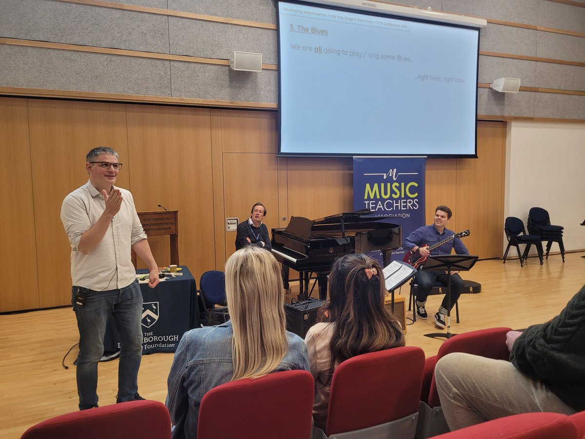 C_J_Baum's tweet photo. Kicking off Saturday @MusicTeachers_ conf with Shoo Be Dooing - fear-busting session with Patrick and Mike on improvisation in KS3 classroom #includeinvolveinspire https://t.co/xUW02GGdF2
