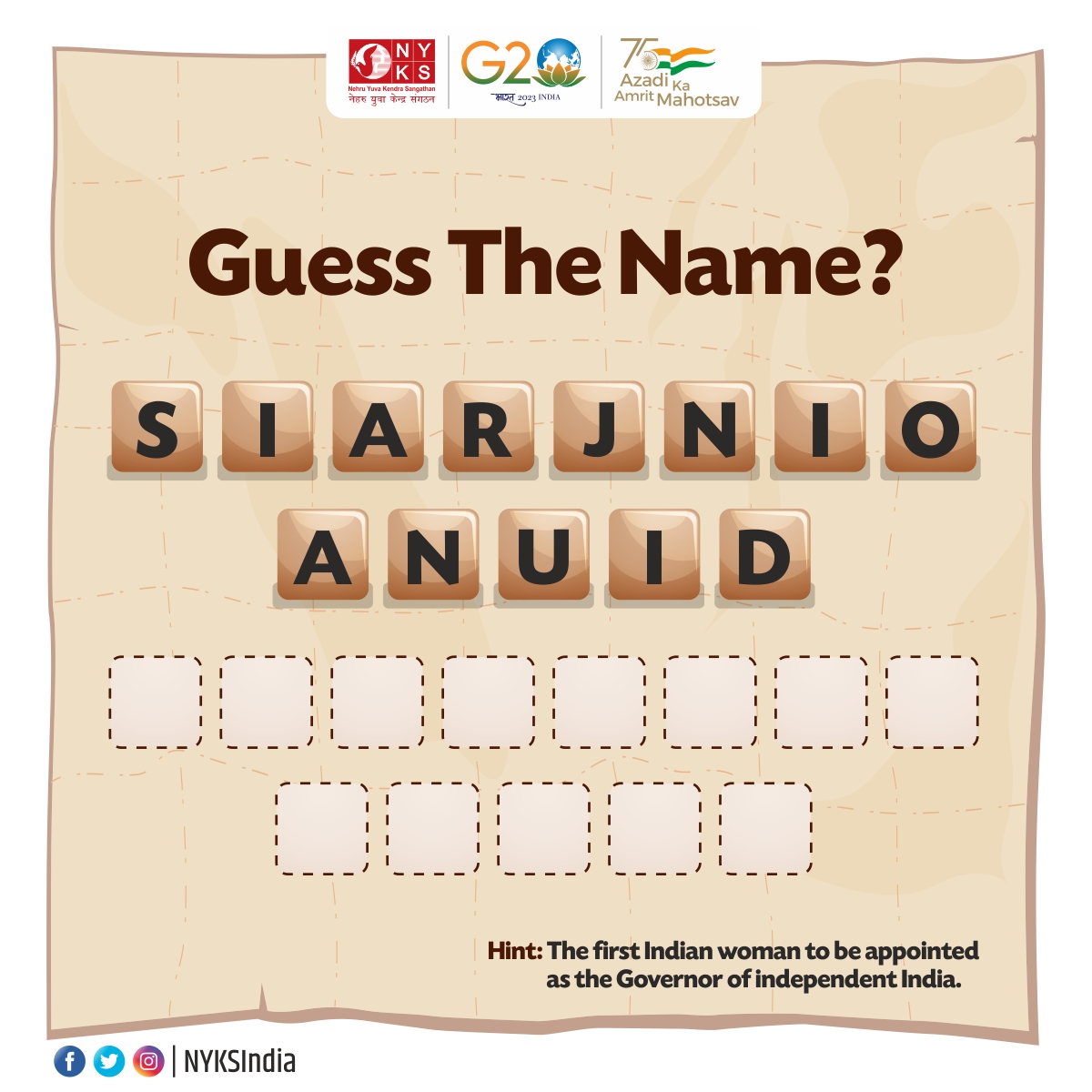 MYBharatHQ's tweet photo. If you know the answer, then drop it in the comment section. Don't forget to tag your friends.  

𝐇𝐢𝐧𝐭- The first Indian woman to be appointed as the Governor of independent India. 

#Youth #India 
@ianuragthakur @YASMinistry @NisithPramanik @airnewsalerts @NITKM2021 @pibyas https://t.co/tlg7GMzfXW