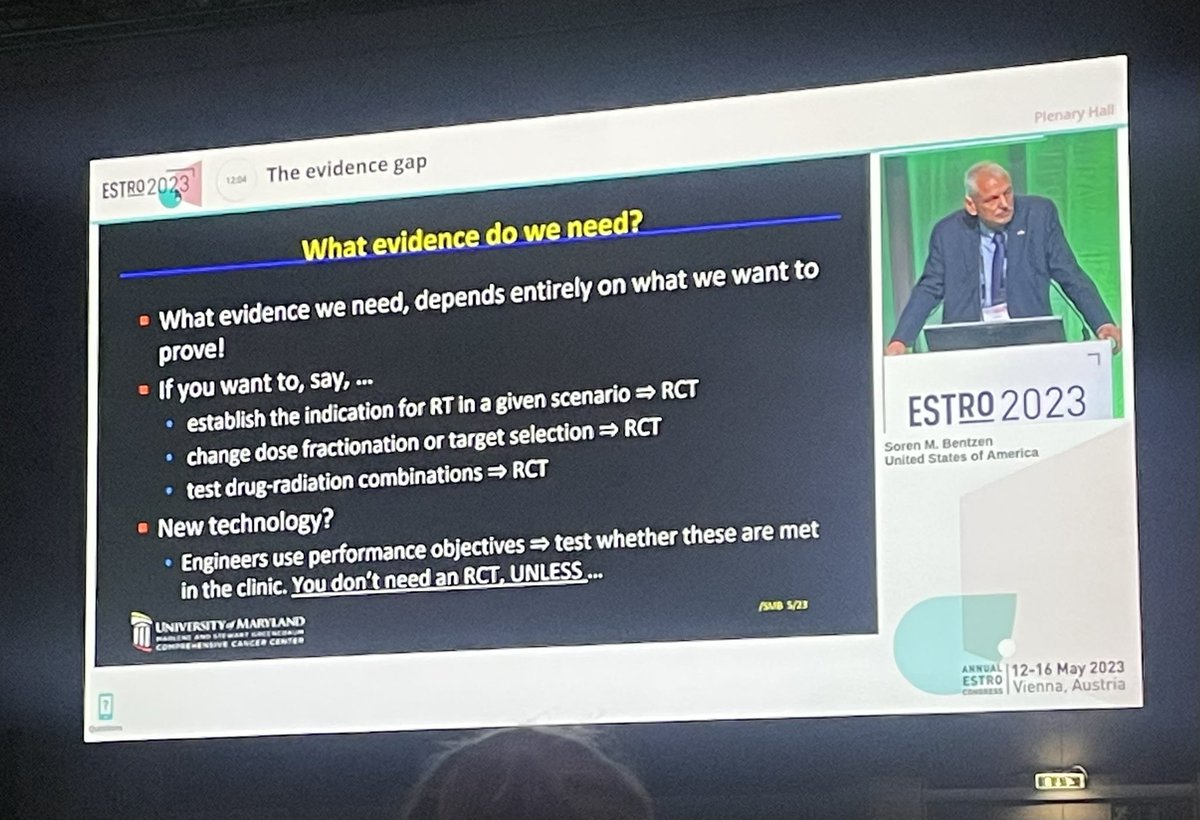 Brilliant lecture from <a href="/SorenBentzen/">Søren M Bentzen</a> during the Presidential symposium at #ESTRO2023, highlighting the need for randomized evidence in radiotherapy. 'Guidelines are not evidence-based, they are a surrogate for evidence'