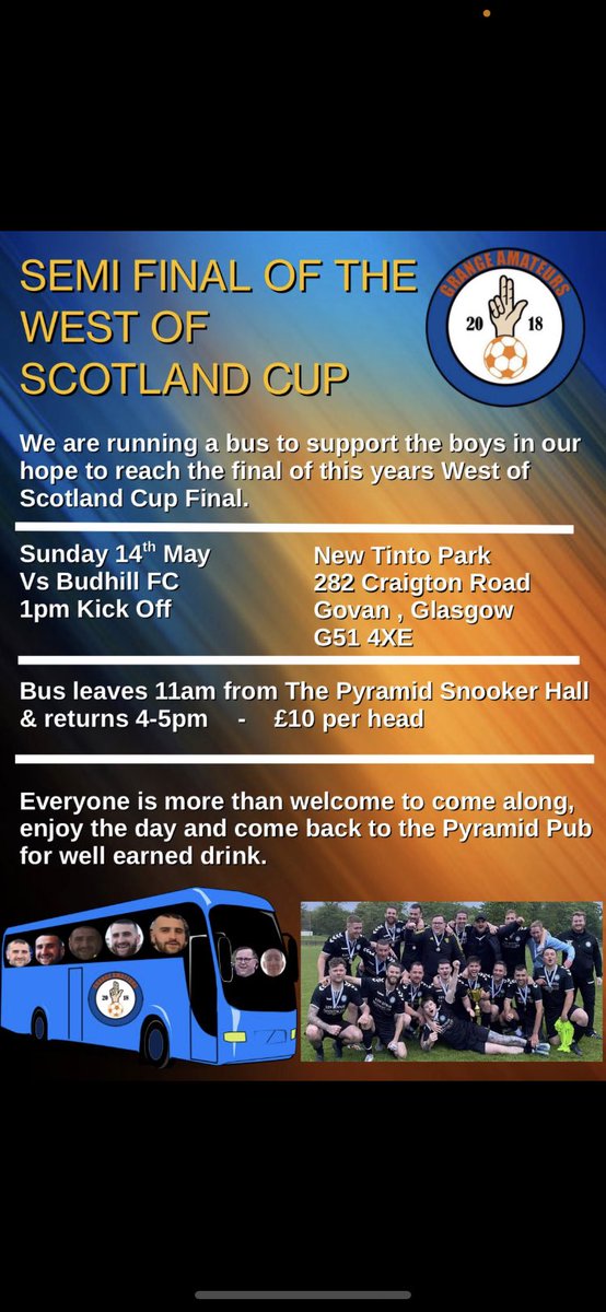 1 day left before we take on <a href="/BudhillUtd/">Budhill Utd Afc</a> in the semi final of the <a href="/ScotAmFAWest/">West of Scotland Cup</a> cup. The lads are absolutley buzzing for the biggest game in the club's short history. Get along and support the troops if you can. 🔵⚪️🟠⚫️