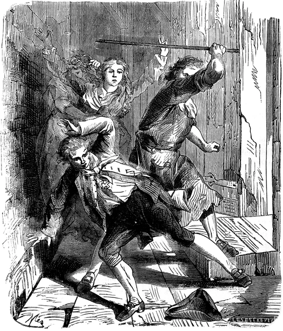 まずジャンの挿絵から。左はジャンが父さんに打ち据えられてそれをエレーヌが止めているシーン、右は処刑場に向かうジャン。