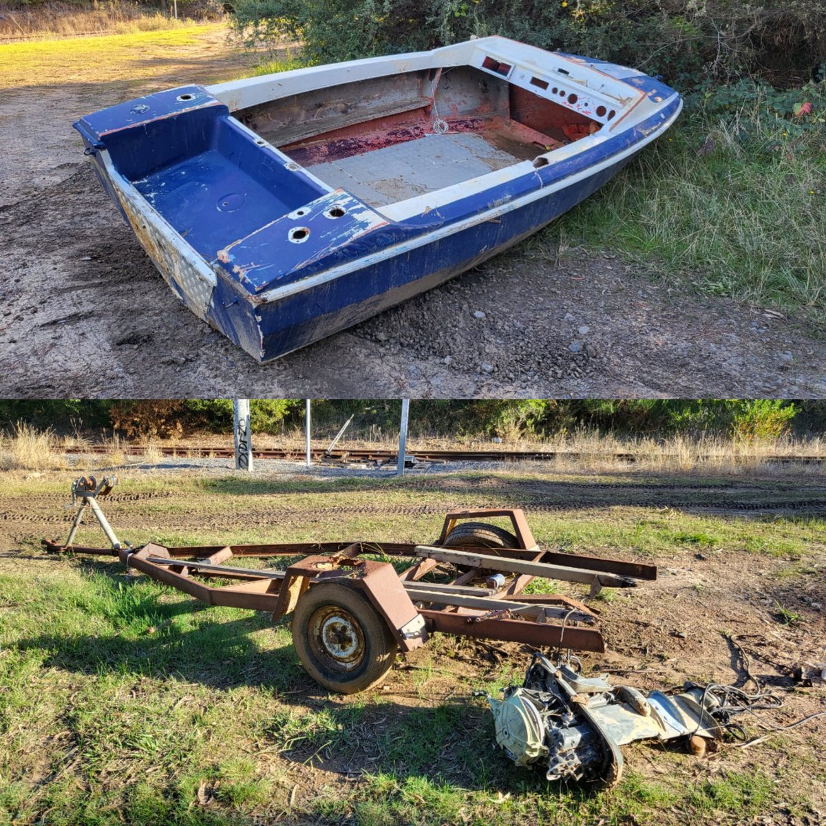 StonyPointLine's tweet image. Is anyone missing a boat, trailer, and an outboard motor? If not and these were dumped there, kindly come and take them away.

The area around #StonyPoint Station is not for dumping your crap. 🤦‍♂️

#StonyPointLine @MetroTrains @VicTrack_Vic