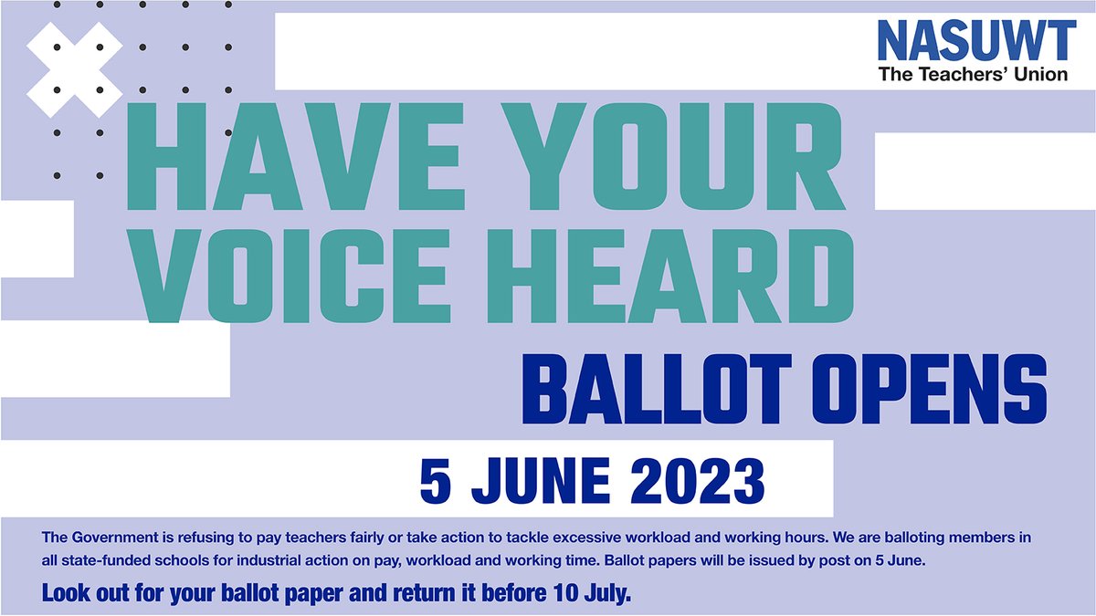 NASUWT: State funded schools ballot opens 5th June. 

Make sure you are ready to vote in the ballot on pay, workload &amp; working hours. 

Check and update your contact details at: nasuwt.org.uk/contact-us/upd…

#betterdealforteachers