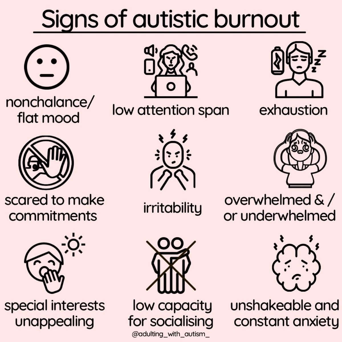 It is easy to get overcommitted, which can lead to autistic burnout. Learn to say no to some things. That is exercising good self-care.

image by: @adulting_with_autism_

#ActuallyAutistic #AuDHD
