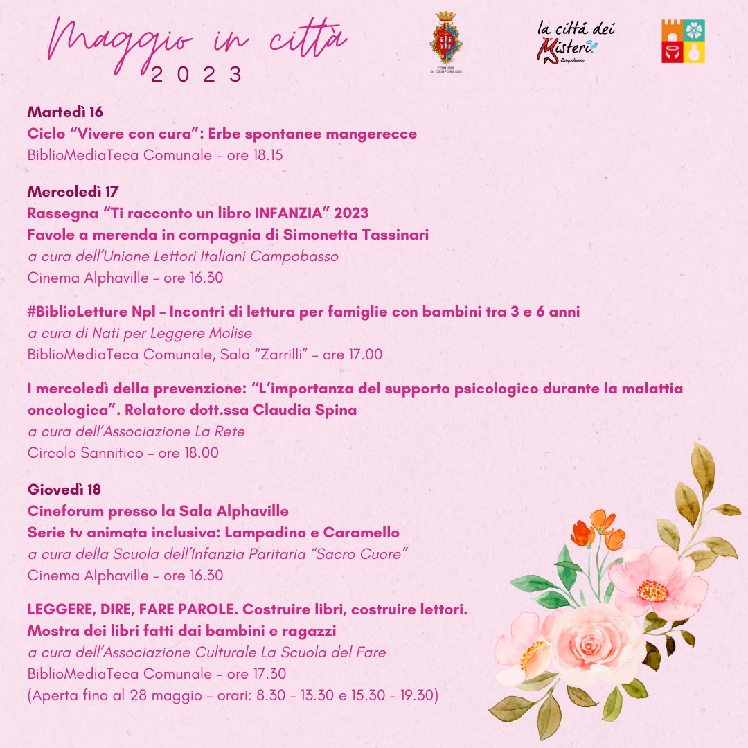 𝗖𝗼𝘀𝗮 𝗰’𝗲̀ 𝗱𝗶 𝗯𝗲𝗹𝗹𝗼 𝗶𝗻 𝗰𝗶𝘁𝘁𝗮̀?
🗓Tutti gli appuntamenti della settimana ⬇️

visitcampobasso.it/events/maggio-…