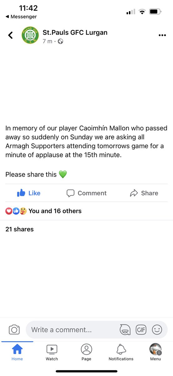 Taken off Facebook. 

In memory of young Caoimhín Mallon who sadly passed away last Sunday, can we ask both sets of supporters to join in a minutes applause on the 15th minute in his memory and in support of his family. Thank you very much 🟠⚪️

Please retweet 🟠⚪️