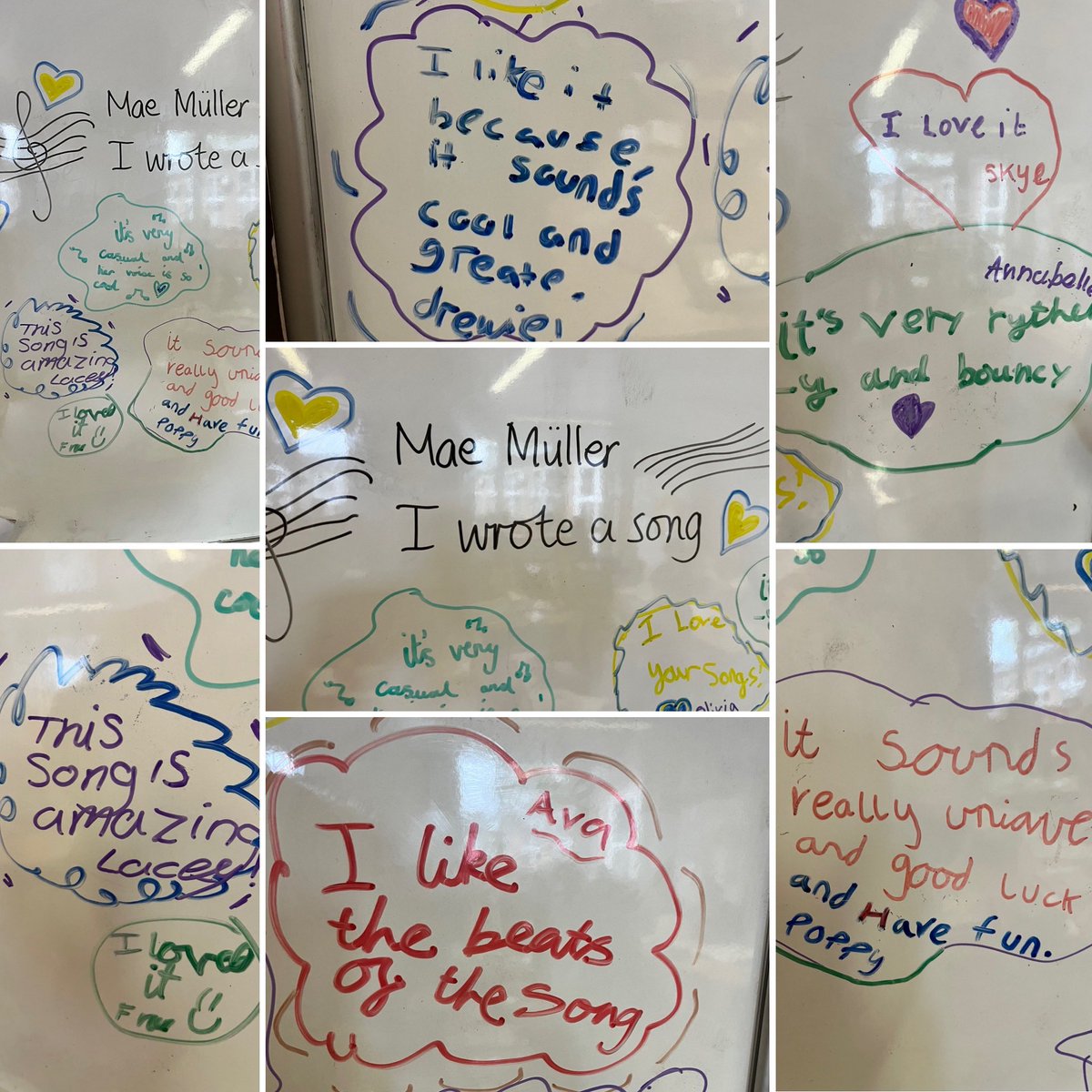 GSekatawa's tweet photo. Changed up the usual listening calendar this week in Cromwell Class @nelsonacademy1 for Eurovision songs…. These are some of the reviews for our Mae’s song! I love the ‘good luck’ message 🥰 #Eurovision  #Artsmark https://t.co/4rhqhvZ6E8