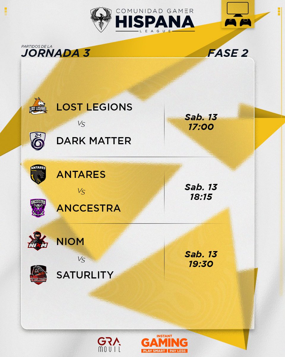 📅 | 𝐂𝐀𝐋𝐄𝐍𝐃𝐀𝐑𝐈𝐎 (Fase 2)

¡Hoy comienzan los enfrentamientos de la 3° jornada en la fase 2!👀

<a href="/Lost__Legions/">Lost Legions</a> 🆚 <a href="/NewDarkMatter/">New Dark Matter</a>
<a href="/ANTARES_EU/">ANTARES 🎮🏆</a> 🆚 <a href="/AnccestraEsport/">✨ANCCESTRA✨</a> 
<a href="/NiomEC_/">NIØM 🥷</a> 🆚 <a href="/EsportSaturlity/">Saturlity Esport</a>

¡Suerte a todos los equipos!🍀

#CGHConsola 🎮