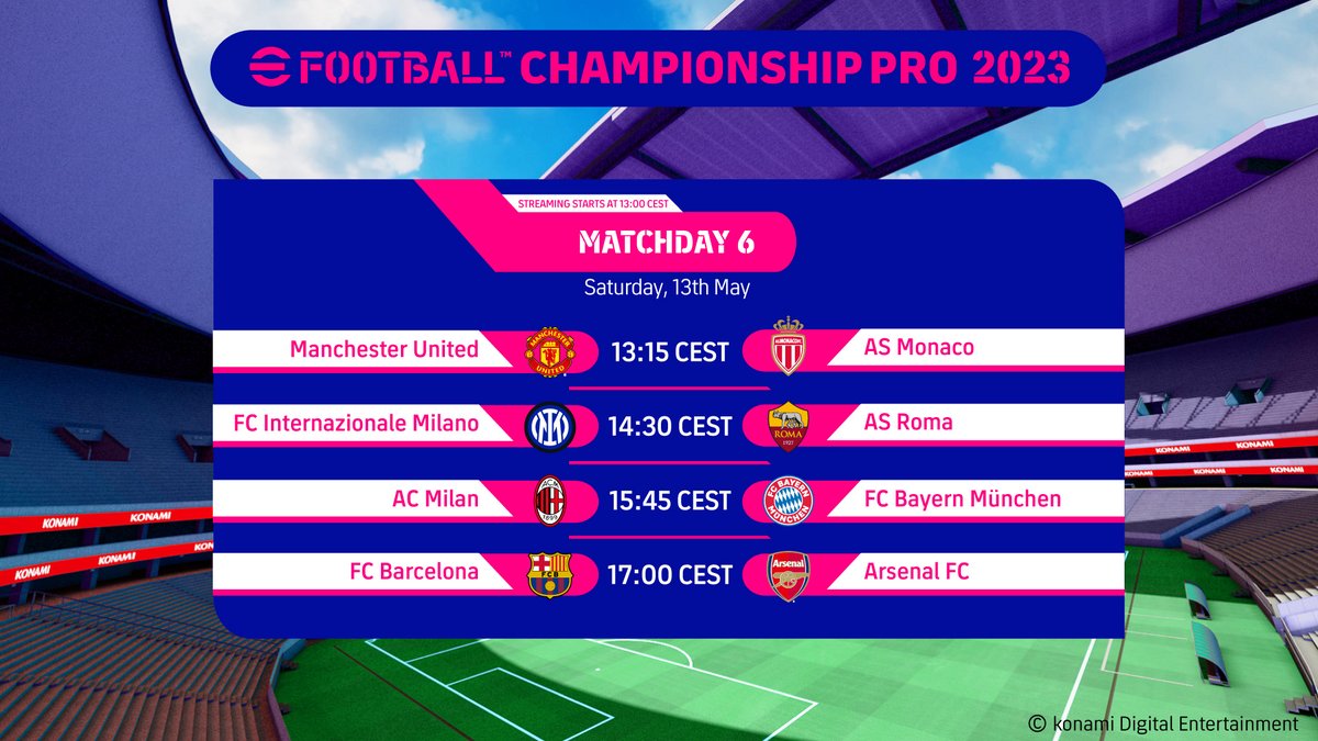 It's almost time, #eFootballChampionshipPro fans! 

Join our official YouTube and Facebook channels and don't miss a single detail of Matchday 6.

Kick-off starts at 13:00 CEST here ⬇️

youtube.com/live/szP7UjJfY…

P:S.: Don't forget to collect your 500 eFootball™ points! 😉