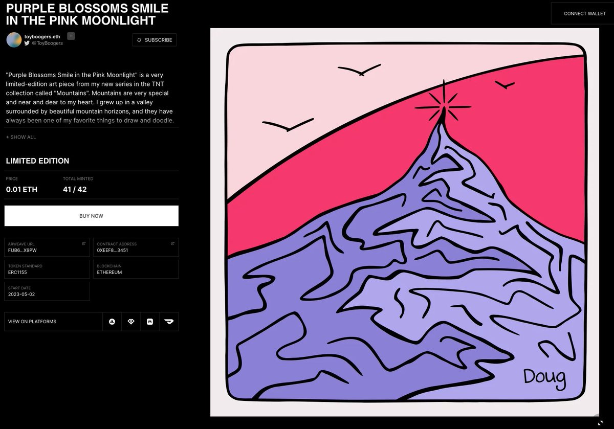 Gas momentarily hit 35gwei so I pulled the trigger on the penultimate available Mountain, because the art is ace but also because Doug is a rockstar, constantly supporting others &amp; giving back. Still waiting to get my first <a href="/ToyBoogers/">Toy Boogers 🍌🐱🤖👺🍕🦄🍡</a> &amp; Kitbash Booger but happy to lock in #41/42