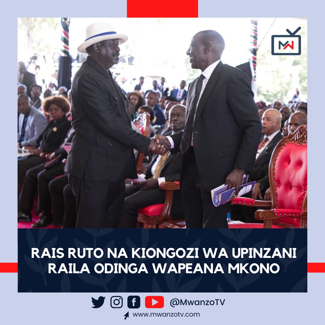 MwanzoTvPlus's tweet image. #KENYA; Rais Ruto na kiongozi wa upinzani Raila Odinga walipeana mikono wakati wa mazishi ya mpiganaji wa uhuru Field Marshall Mukami Kimathi