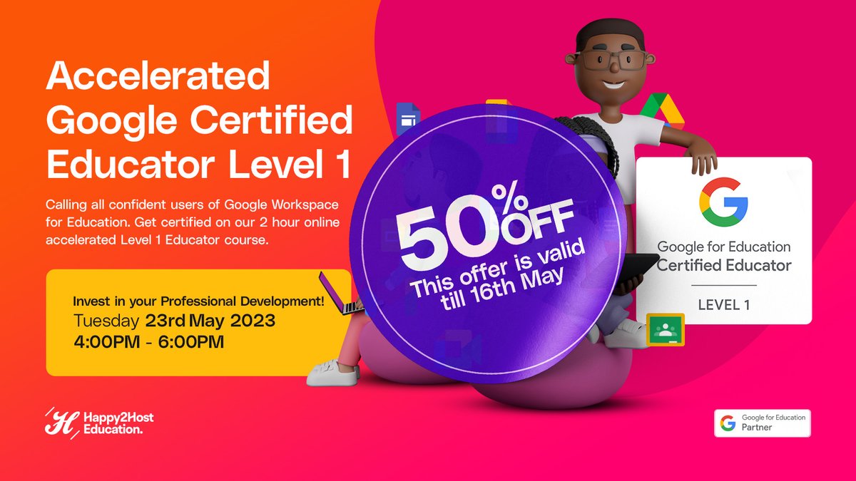Are you a Google tools pro but haven't taken the plunge for certification? 🎓

Join our Accelerated Google Certified Educator Level 1 workshop on May 23rd, 2023! 💪

Use code 'ACCELERATE50' for a 50% discount!

Register now: swiy.co/DX1g 
#GoogleEdu #EdTech #Happy2Host