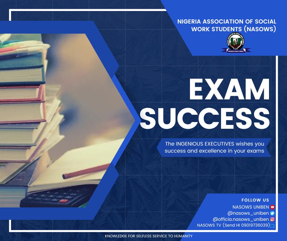 nasows_uniben's tweet photo. The IGENIOUS Executives wishes you success and excellence in your exams 📝 As you study the Lord grant you a retentive memory. 

Follow and engage with us on our various social media platforms / handles

#NASOWS
#SelflessServiceToHumanity https://t.co/rHN6FuwYgE