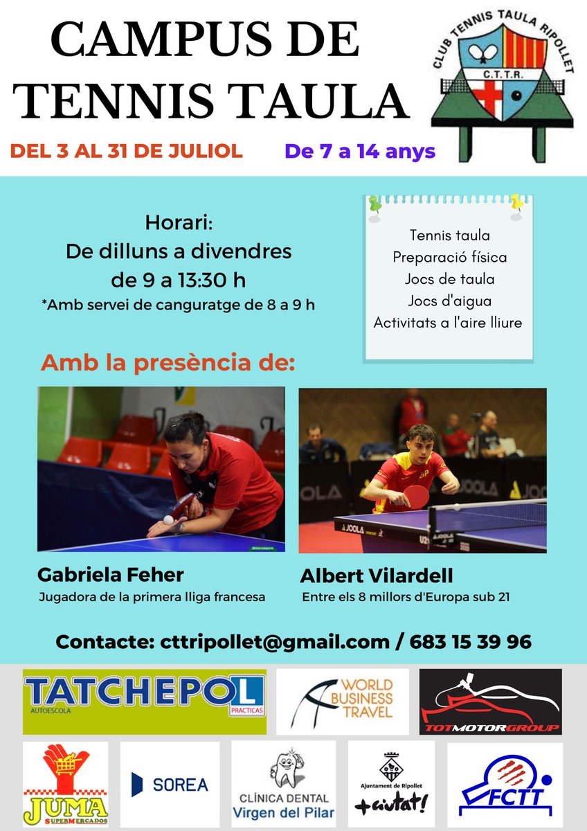 💥 Obrim les inscripcions del primer Campus d'estiu organitzat pel Club Tennis Taula Ripollet! 💥
Teniu les dades de contacte al cartell, si voleu més informació no dubteu a contactar amb nosaltres🏓 
<a href="/AjRipollet/">Ajuntament Ripollet</a> <a href="/RipolletEsports/">Ripollet Esports</a>