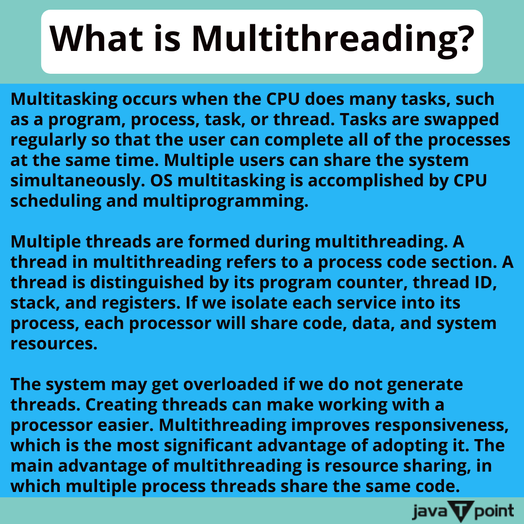Bhavana83491661's tweet image. What is Multithreading?
.
.
.
.
for more information
bit.ly/42RsYpz
check the above link
.
.
.
.
#multitasking #multiprogramming #operatingsystem #program #thread #programming #task #process #coputerscience #linux #windows #sheduling #javatpoint
