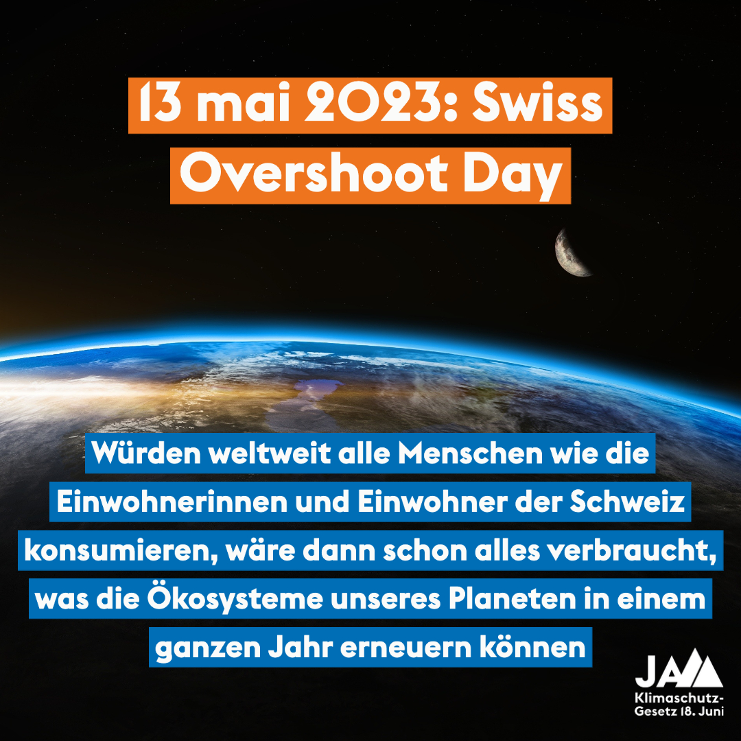 klimaschutzja's tweet photo. Der diesjährige Swiss Overshoot Day fällt auf den 13. Mai: Würden weltweit alle Menschen wie die Einwohnerinnen und Einwohner der Schweiz konsumieren, wäre dann schon alles verbraucht, was die Ökosysteme unseres Planeten in einem ganzen Jahr erneuern können. https://t.co/FOolaqAklf