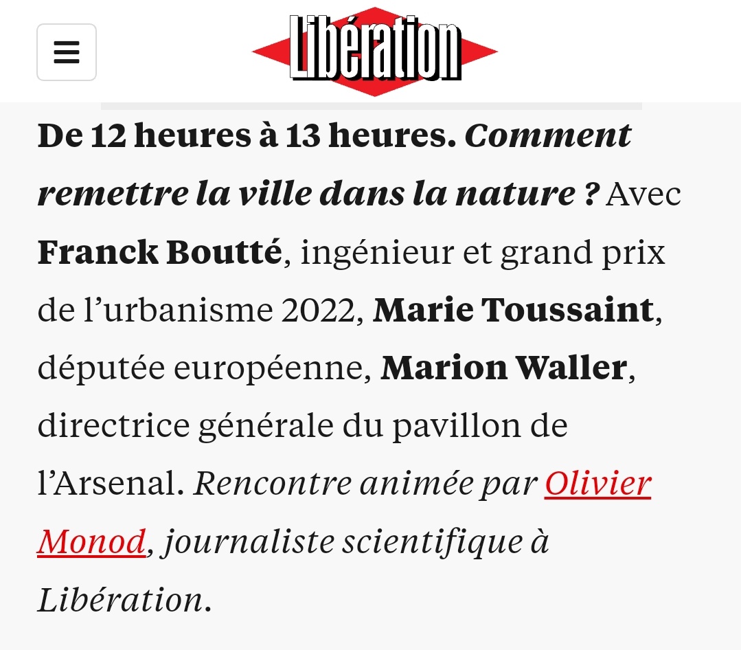 🟢 Comment remettre la ville dans la nature ?
Débat avec <a href="/fboutte/">Franck Boutté</a> <a href="/marietouss1/">Marie Toussaint 🌍🌏</a> <a href="/MarionWaller/">Marion Waller</a> sur la conciliation ville dense/métropole &amp; nature/respect des limites planétaires 🌍
L'occasion d'insister sur l'impératif d'adaptation/régénération "80% de la ville de 2050 existe déjà"