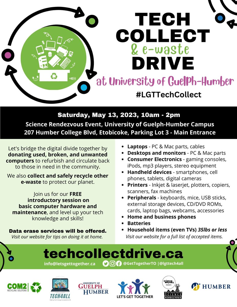 GetTogetherTO's tweet image. The #UofGH Science Rendevous is today from 10 am to 2 pm! Join us at 207 Humber College Blvd, #Etobicoke. The #LGTTechCollect Drive collection will be at Parking lot 3 - Main entrance. 
#SciRen #LGTTechCollect #Tech4All #OdySci
#CreateSciRen @sci_rendezvous @GHScienceR #STEAM