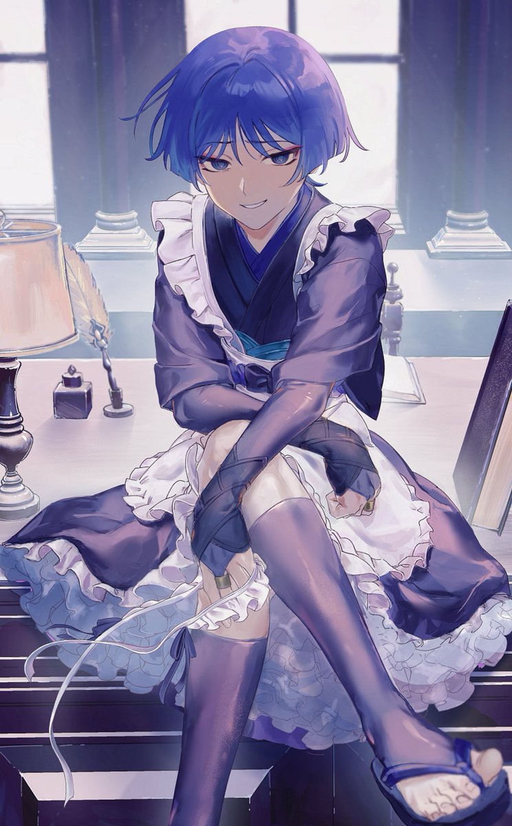 scaramouche (genshin impact) 1boy male focus solo sitting apron frills lamp  illustration images