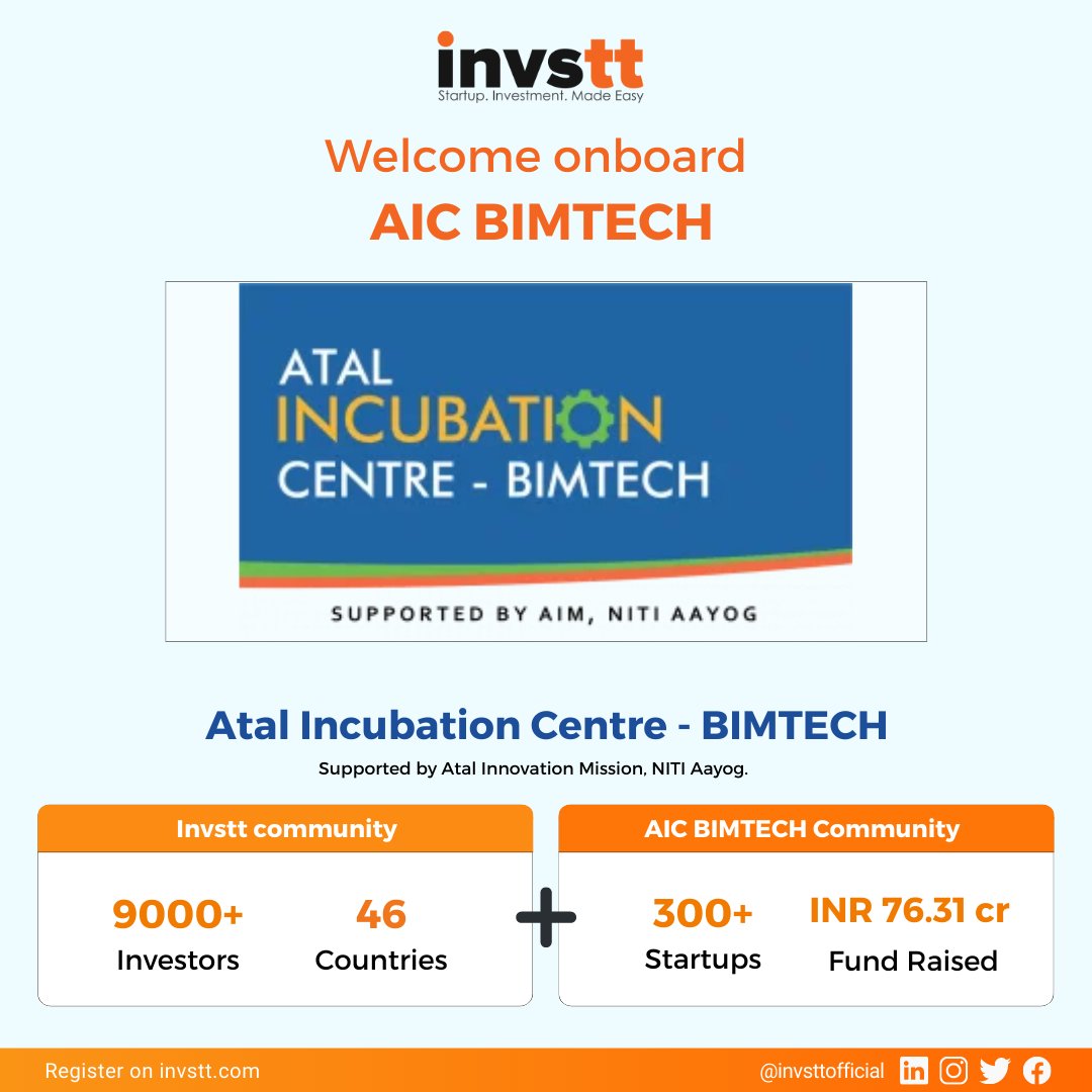 invsttdotcom's tweet photo. We are delighted to welcome Atal Incubation Centre- BIMTECH (AIC-BIMTECH) to our Invstt community.

Atal Incubation Centre - BIMTECH (AIC-BIMTECH) is the leading sector-agnostic business incubator in North India. 

#Invstt2023 #LetsBuildIttogether #AICBIMTECH https://t.co/lXqvpKWIl6