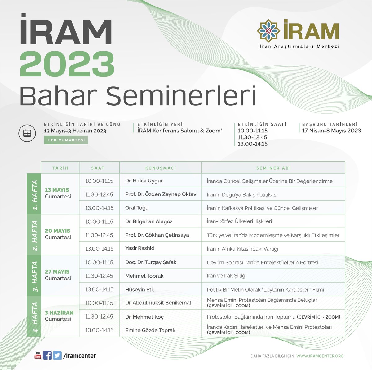 IramIstanbul's tweet photo. İRAM 2023 Bahar Seminerleri Dr. Hakkı Uygur'un "İran'da Güncel Gelişmeler Üzerine Bir Değerlendirme"; Prof. Dr. Özden Zeynep Oktav'ın "İran'ın Doğu'ya Bakış Politikası" ve Oral Toğa'nın "İran'ın Kafkasya Politikası ve Güncel Gelişmeler" başlıklı sunumlarıyla başlamıştır. https://t.co/a4B38Ws61H