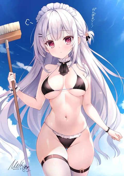 水着メイドさんを描きました! お屋敷のプール掃除に向かう銀髪ちゃんです #オリジナル