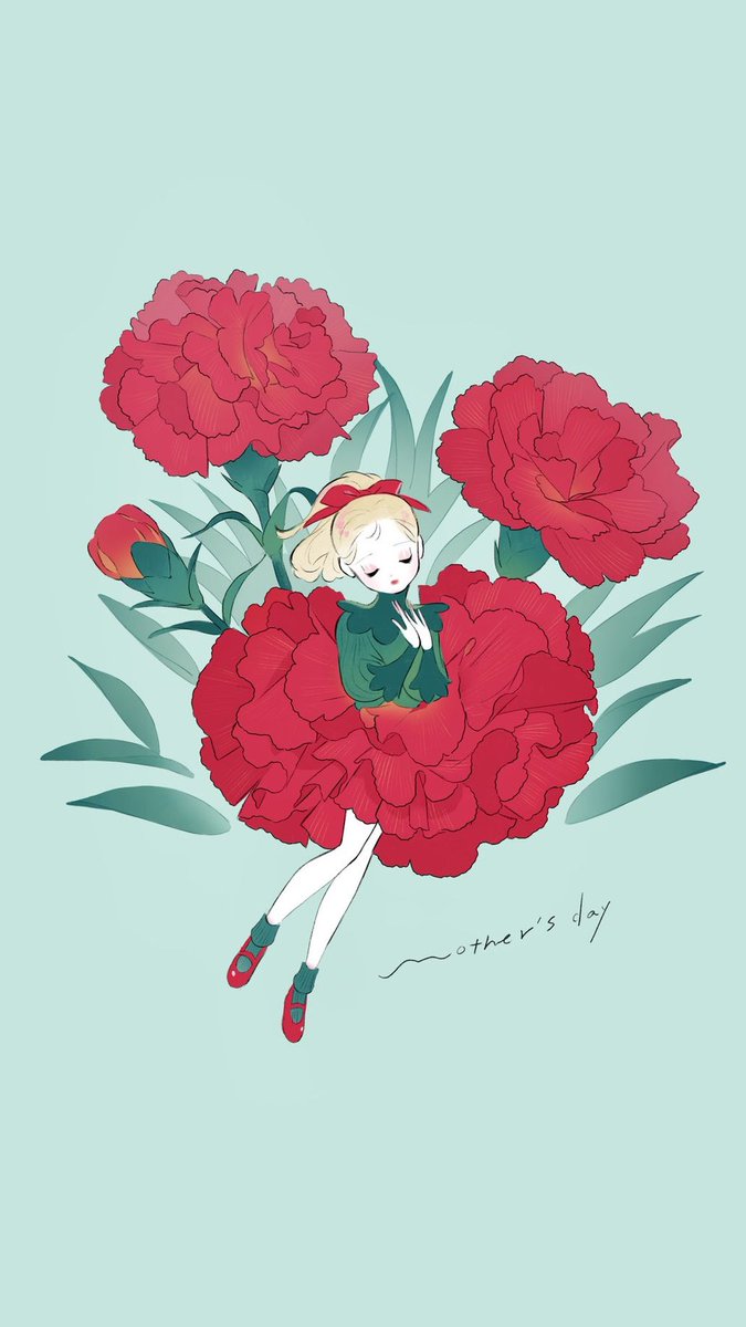 1girl solo flower red flower closed eyes long sleeves red footwear  illustration images