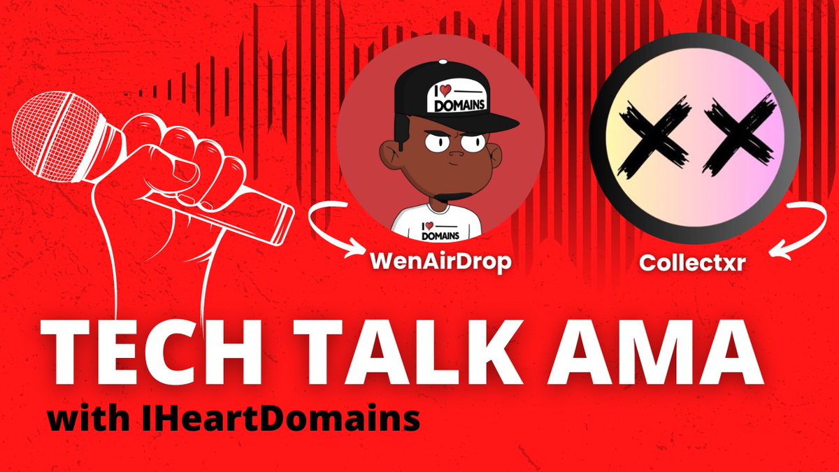 iheartdomains's tweet photo. I❤️Domains TECH Talk AMA w/Collectxr the 👑 of Community Building 

⏰ Thur 5/18 2:00 P EST 

Follow Speakers ⬇️
@WenAirdropNFT
@MainStreetTony
@Collectxrnft 

Spaces Links ⬇️
Link3: https://t.co/b3ikZhqT65
Twitter: https://t.co/5RTs3afG8i

Attend for your chance to win a FREE .degen #web3 domain.

#AMA #Tech #Domains #NFT