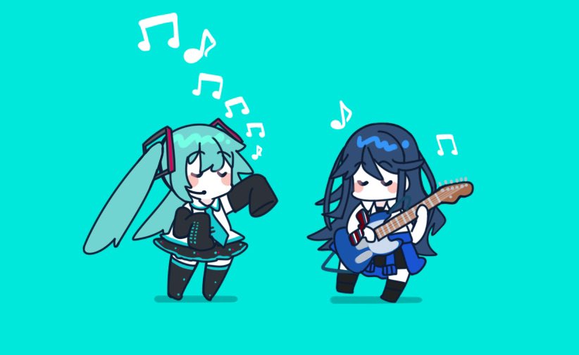 hatsune miku 2girls multiple girls long hair instrument skirt music twintails  illustration images
