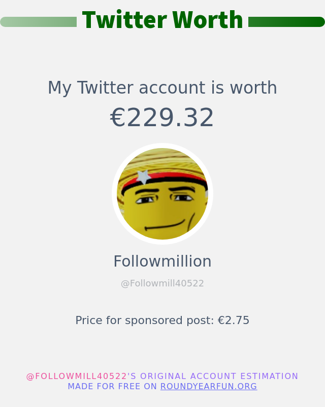 Il valore del mio Twitter è di: €229.32 ➡️ funroundy.online/twitterworth?l…
