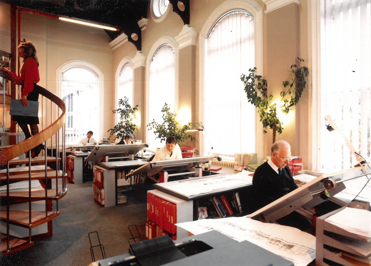Saturday morning housekeeping has caused me to stumble on this office photo from the late 1980's. No computers just lots of Rotring pens and tracing paper. <a href="/Robothams/">Robothams Architects</a> #blastfromthepast #OldLibraryhistory