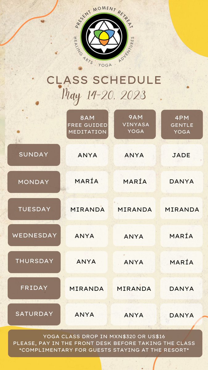 PM_Retreat's tweet image. [🇲🇽 Español en los comentarios] Introducing our weekly class schedule, now just a tap away! Find it on our Instagram Stories and the &quot;Schedule&quot; Highlight. Stay connected, join us for enriching experiences. Follow us at instagram.com/presentmomentr… #ClassSchedule #StayConnected