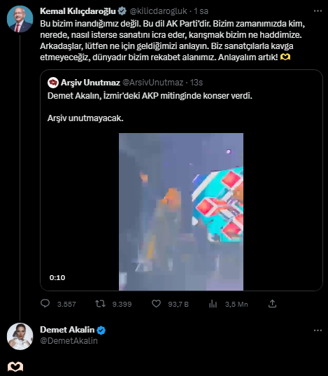 Demet Akalın, Kılıçdaroğlu'nun 'sanatçılarla kavga etmeyeceğiz' tweetine kalpli yanıt verdi.