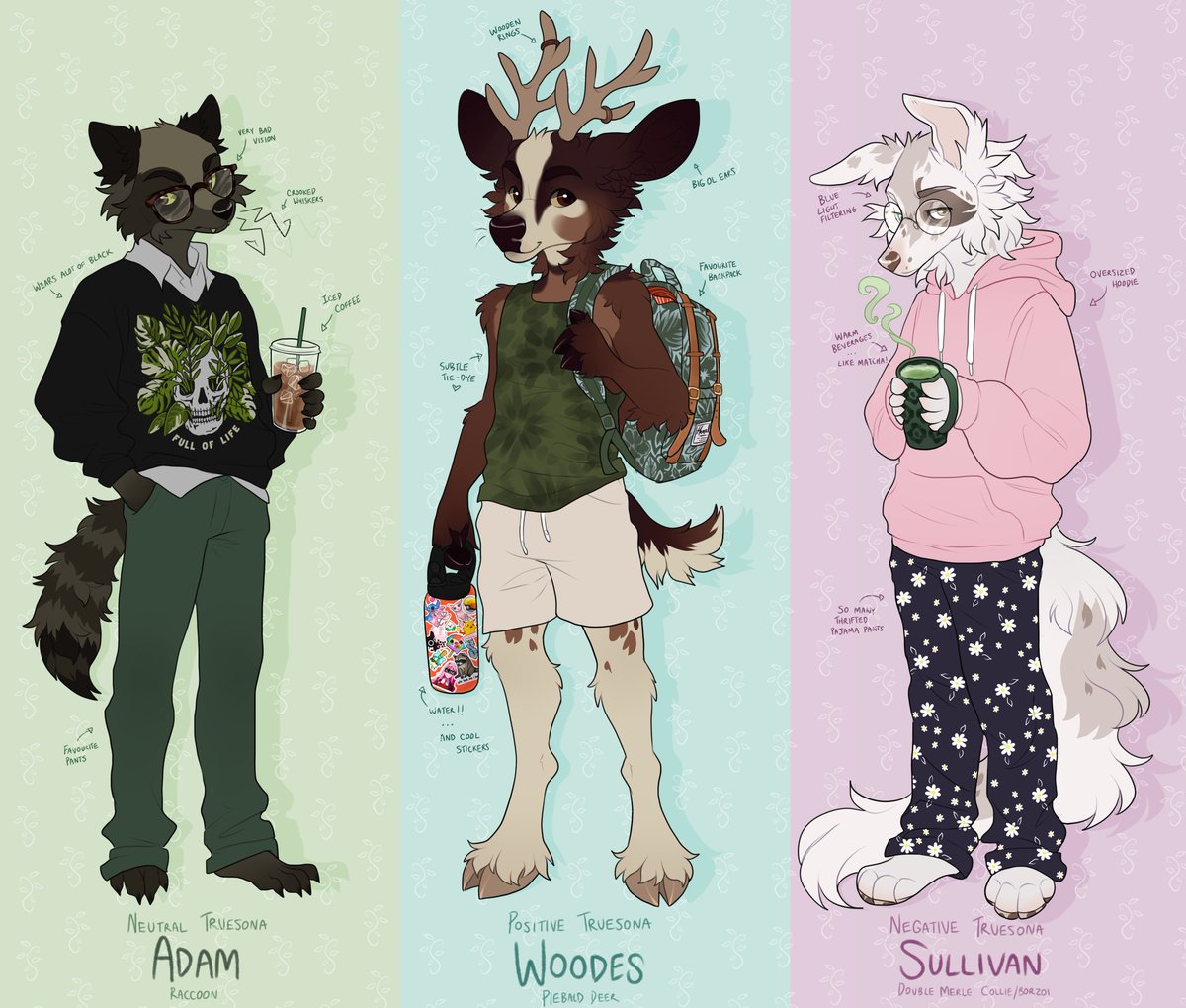 fursona lineup! 🦝🦌🐶 they're all wearing actual things i own!! split into neutral/positive/negative, but they're all very much me. 🌈