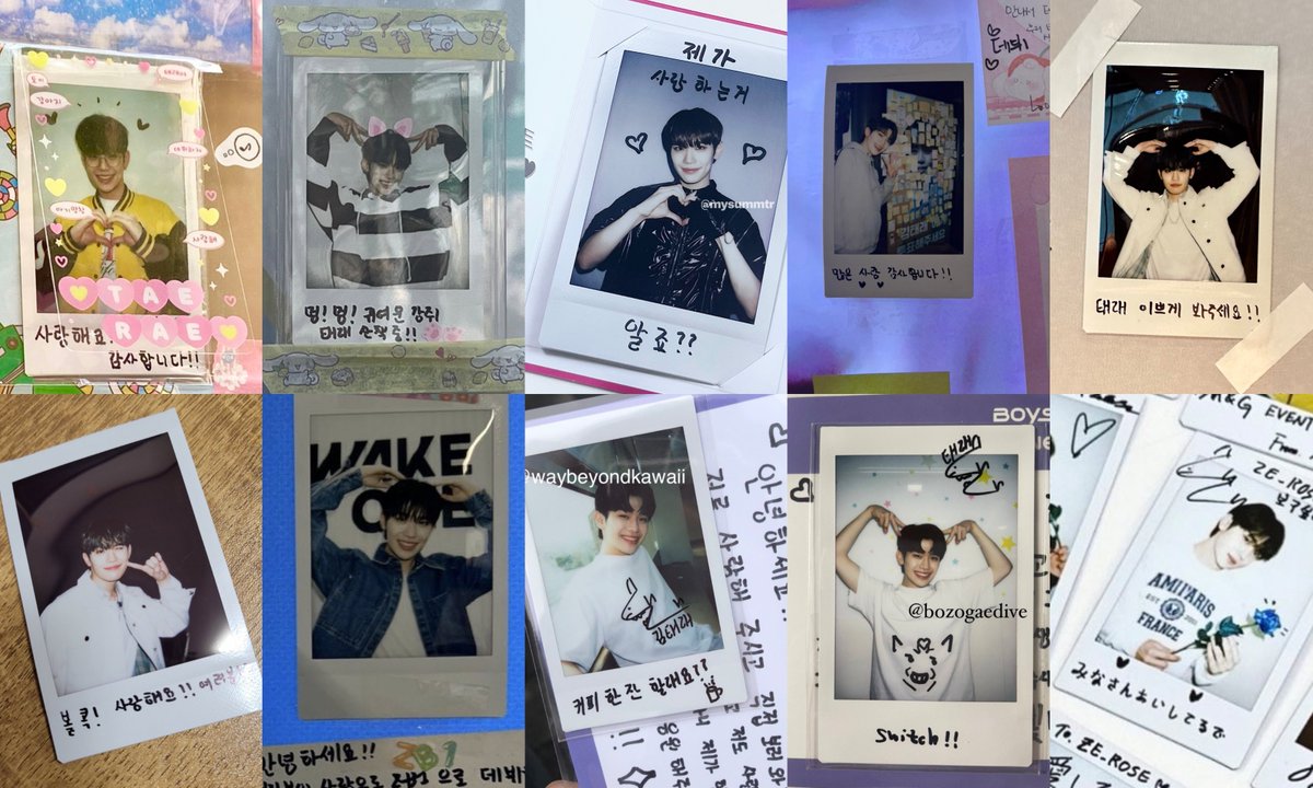 geumraez's tweet photo. taerae’s polaroid collection so far!! ♡

the cat/dog ear poses, heart drawing side by side, heart poses, shark signature and little notes for fans... always so lovely ㅠ🩷 https://t.co/kIayrva84w