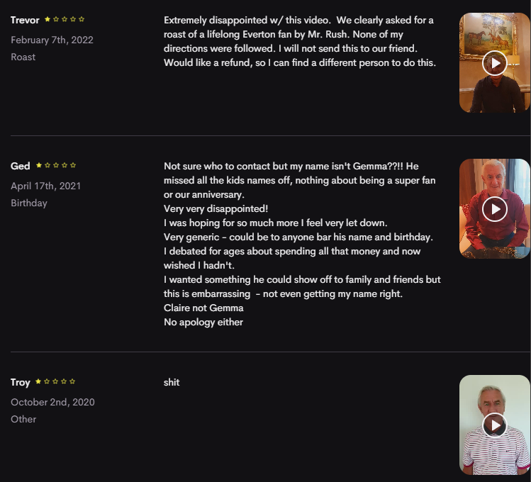 Ian Rush is on Cameo. Here are some of his 1 star Reviews: