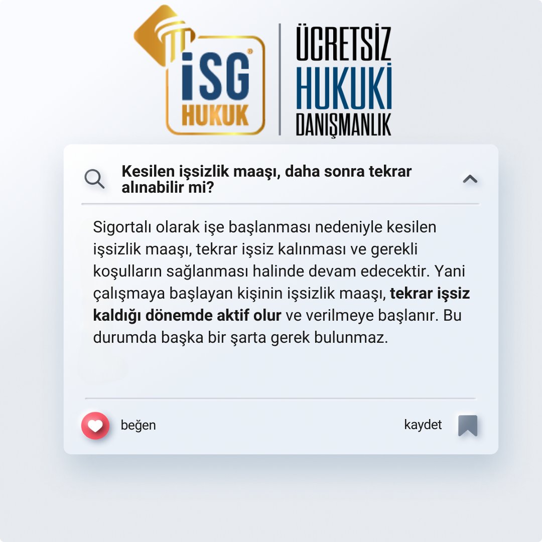 Merhaba dostlar! Kesinlen maaşı alındıktan sonra tekrar maaş alabilmek tekrardan işsiz kalana kadar mümkün değildir! 

#İşsizlikMaaşı #İşsizlikSigortası #İşsizlikHakları

<a href="/cuneyd6parmak/">Cüneyd Altıparmak</a>