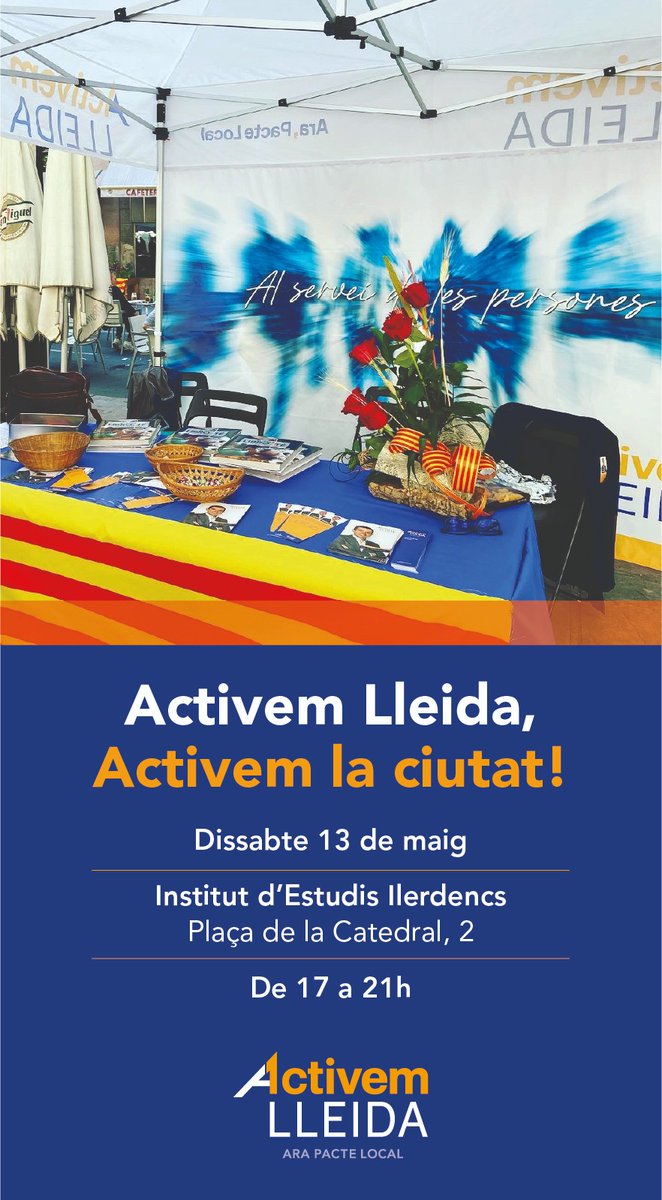 ActivemLleida's tweet photo. L'equip d'#ActivemLleida estarà aquesta tarda a la Plaça de la Catedral per donar a conèixer la nostra proposta. Hi assistirà el nostre candidat @domenecvn acompanyat del diputat @GenisBoadella . https://t.co/FsQdDAYvNA
