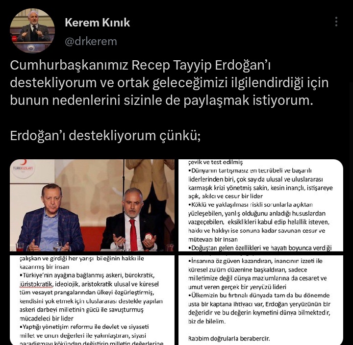 Depremin ardından millet perişan bir hâlde çadır yardımı beklerken para ile çadır satan ve istifa eden Kızılay'ın eski Başkanı Kerem Kınık, Tayyip Erdoğan'a desteğini açıkladı.