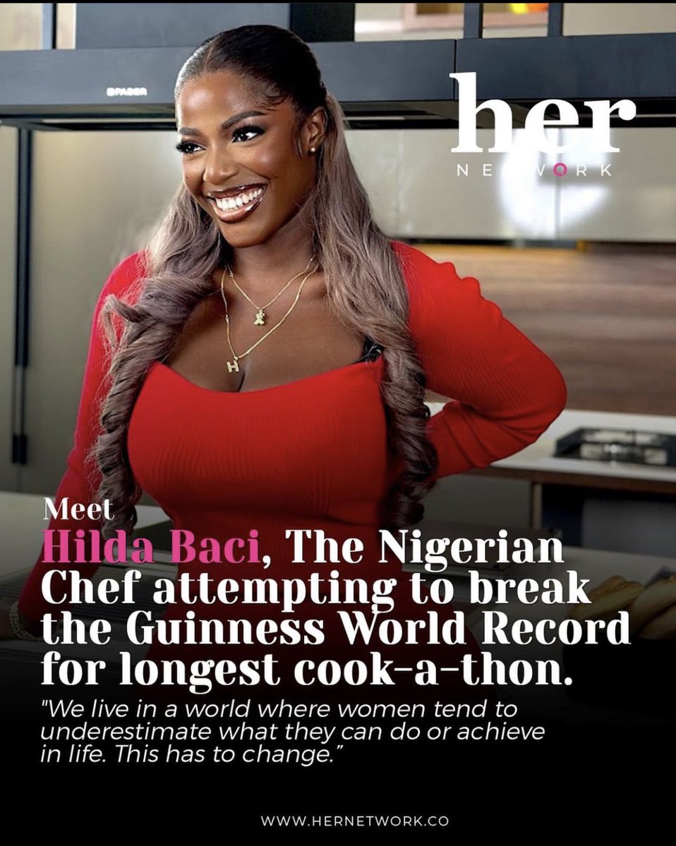 So, Hilda Baci, a Nigerian Chef is attempting to break the Guiness Book of records for the longest cooking Marathon by an individual. She will be cooking for 4 days non-stop , 96 hours. 

The current record stands at 87 hours and 45minutes

She is 42 hours in. 

A total of 18