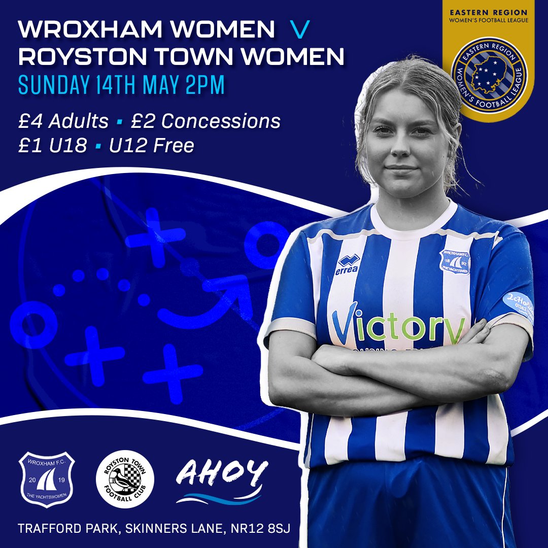 WroxhamWomen's tweet photo. It's our final game of the season tomorrow at home to Royston Town. Looking forward to a big crowd cheering the Yachtswomen on.

Hot and cold drinks and food available in the clubhouse bar. Kick-off 2pm at Trafford Park.
#ahoy https://t.co/RT2Pu1Svzn