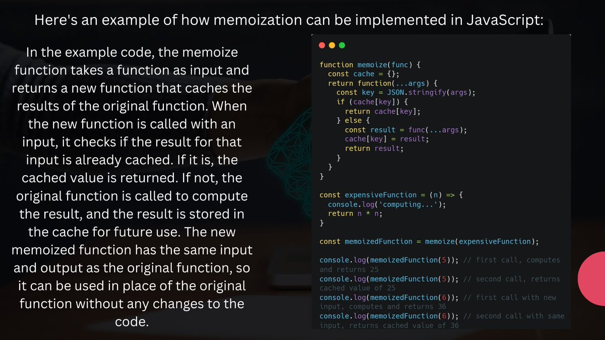 AmitavPanda99's tweet image. 🎯 If you&apos;re a developer looking to optimize your code, I highly recommend exploring memoization. It&apos;s a powerful tool that can have a big impact on performance. 🔧 
Thanks @TechnicalSuneja for his tutorial on this topic.
#WebDevelopment #JavaScript #Memoization