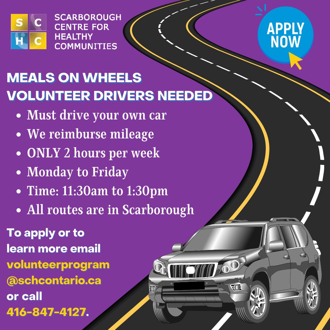 SCHCOnt's tweet photo. If you're looking for a way to give back to the community and help others, we are looking for some volunteers to help with our #MealsOnWheels program as drivers! See the graphic for all the details, including how to apply!

#volunteer #scarborough #nonprofit https://t.co/aHmRC2r7q1
