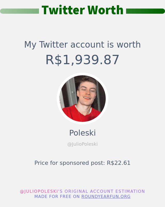 JulioPoleski's tweet photo. Meu valor no Twitter é: R$1,939.87

➡️ https://t.co/TODMCRKjvH https://t.co/r9xu6PJoxg