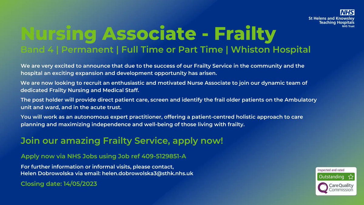 🎉 We are very excited to announce that due to the success of our Frailty Service in the community and the hospital an exciting expansion and development opportunity has arisen!

✅ Apply now: buff.ly/3np5jho 

📅 Closing date: 14/05/2023

#WeAreTheNHS