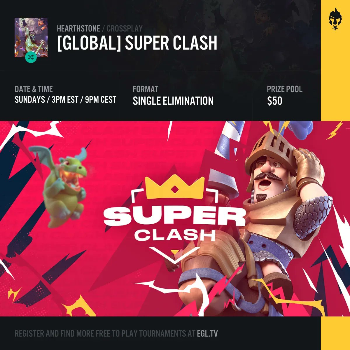Today is your last chance to register and compete in tomorrow's #ClashRoyla SUPER CLASH tournament. Register now and be ready to check in 30 minutes before the tournament start time.

⚔️ egl.tv/tournament/7878